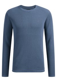 Blå långärmad stickad tröja med ett texturerat mönster, rund halsringning och rena, avslutade fållar. Ingen synlig hårdvara eller detaljer.