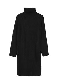 Schwarzes Strickkleid mit hohem Stehkragen, langen Raglanärmeln und lockerer Passform. Strukturiertes Gewebe mit geripptem Muster.