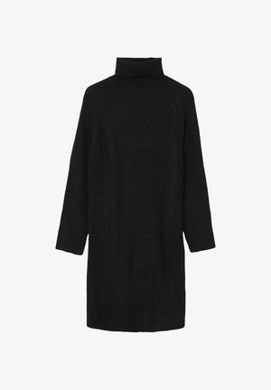 Black knit sweater dress with a high mock neckline, long raglan sleeves, and a loose fit. Textured fabric with a ribbed pattern.