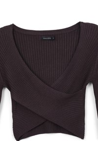 Top avvolgente in maglia a coste di un viola scuro con profondo scollo a V e maniche lunghe. Presenta un'etichetta interna per l'identificazione della taglia e del marchio.
