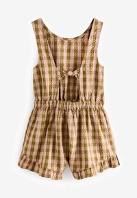 Rosa og grøn gingham-mønstret romper med en frontknude detalje, elastisk talje og flæsekant, lavet af letvægtsstof.
