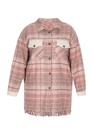 Cămașă în carouri în nuanțe de roz și gri, cu închidere cu nasturi în față, două buzunare pe piept și margine franjurată cu accente de culoare crem.