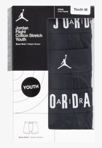 Boxer aderenti in cotone elasticizzato nero in confezione da tre. Presentano una cintura grigia con la scritta "JORDAN" in bianco e un dettaglio con logo. Taglia M per ragazzi.