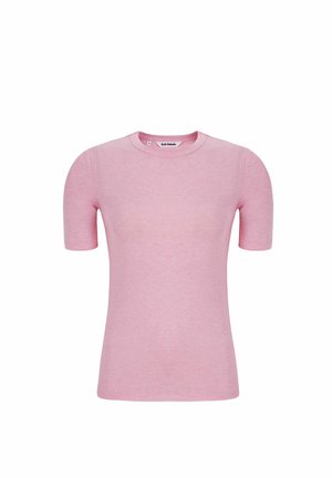 Šviesiai rožinė trumpomis rankovėmis marškinėliai su apvaliu iškirpte, pagaminti iš minkštos medžiagos. Turi lygią struktūrą ir minimalistinį dizainą.