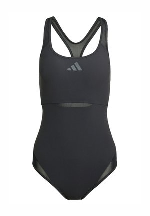 Black one-piece swimsuit with a racerback design, made of smooth fabric. Features a mesh panel at the waist and a grey logo on the chest.