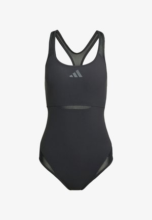 Black one-piece swimsuit with a racerback design, made of smooth fabric. Features a mesh panel at the waist and a grey logo on the chest.