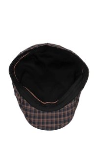 Tweed cap with a brown and navy check pattern, featuring a black lining and a soft, structured shape. Visor extends outward.
