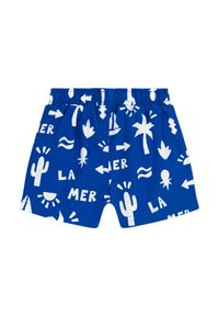 Blaue Schwimmshorts mit weißen Mustern von Kakteen, Wellen, Pfeilen und dem Text "LA MER". Elastischer Bund aus atmungsaktivem Stoff.