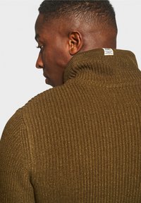 Man met kort haar die naar links kijkt, gekleed in een bruine gebreide trui met hoog col en een klein wit label aan de hals.