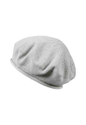 Graue Strick-Beret mit einem strukturierten Muster und gerafftem Design, ausgestattet mit einem weichen Rand und einer runden, lässigen Form.
