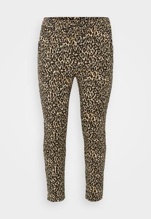 Leopard print leggings in tan and black, featuring a drawstring waist, slim fit, and soft, stretchy fabric for comfort.