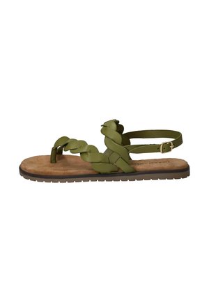 Olijfgroene gevlochten leren sandaal met enkelriem en gesp, gevoerd bruin voetbed en gestructureerde zwarte rubberen zool.