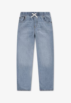 Világoskék denim nadrág, rugalmas derékkal és fehér húzózsinórral. Két elülső zsebet és egyenes lábformát mutat.