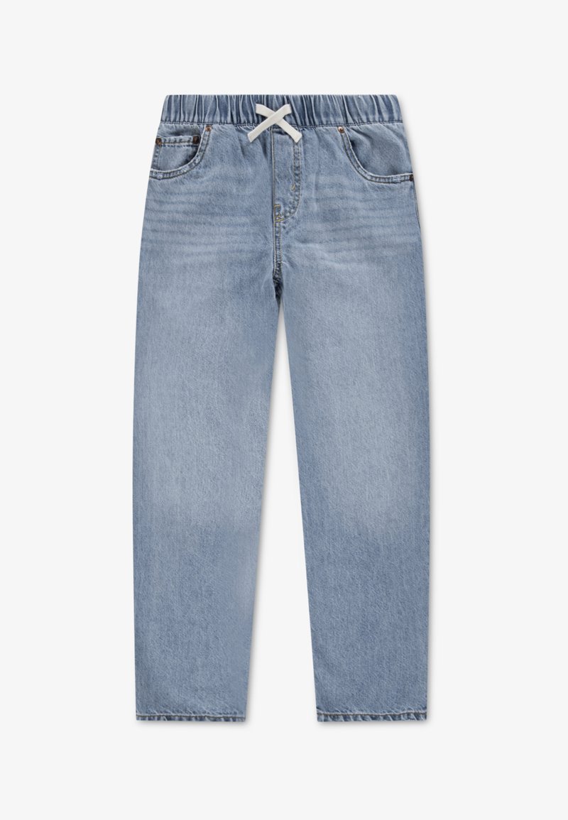 Lys blå denim bukser med elastisk linning og hvid snor. Har to frontlommer og rette ben.