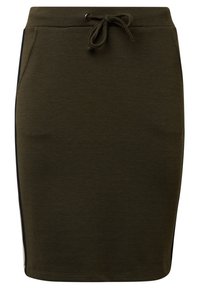 Olivově zelená sukně do délky kolen vyrobená z měkké látky. Má stahovací pas a kontrastní boční akcenty. Hladká textura a slim fit.