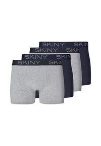 Tre paia di boxer: uno grigio e due blu navy. Presentano un elastico in vita con la scritta "SKINY" stampata in un colore a contrasto. Texture liscia.