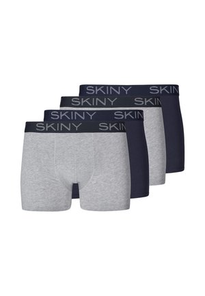 Drei Paare Boxershorts: eine graue und zwei in Navy. Sie verfügen über einen elastischen Bund mit "SKINY" in einer kontrastierenden Farbe bedruckt. Glatte Textur.