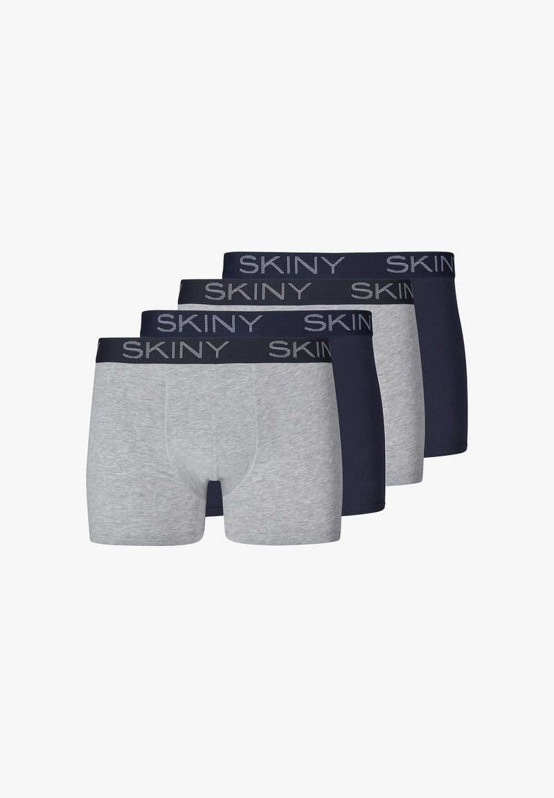 Tre paia di boxer: uno grigio e due blu navy. Presentano un elastico in vita con la scritta "SKINY" stampata in un colore a contrasto. Texture liscia.