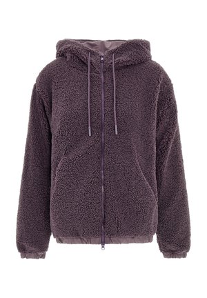 Hooded fleece jacket in dark purple, featuring a soft, textured surface, front zipper, and elastic cuffs and hem for a snug fit.