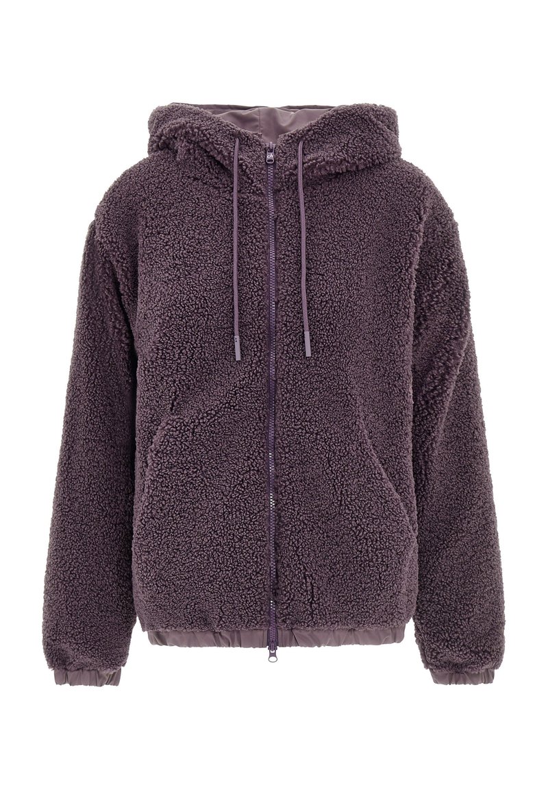 OBEEII Dames teddy-fleece mantel lang warm vest winterjas met capuchon en zakken, zwart, L