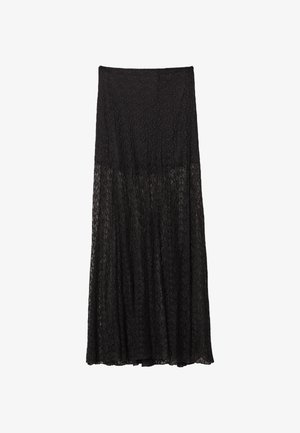 Schwarzer Spitzen-Maxi-Rock mit einem gestuften Design, strukturiertem Muster und fließendem Schnitt. Elastischer Taillenbund für eine verstellbare Passform.
