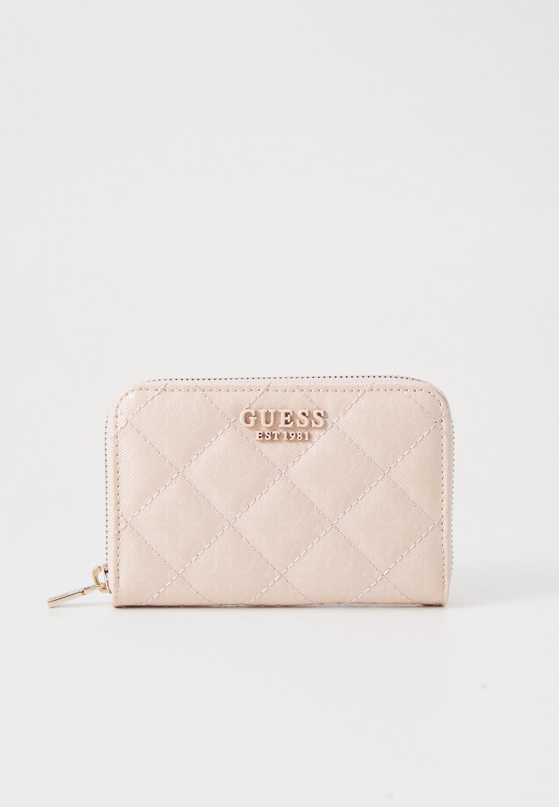 Light pink zippered wallet with quilted pattern, embossed logo, and gold hardware accents. Made from synthetic material with a smooth finish.