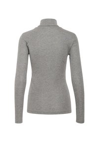 Graues Langarm-Turtleneck-Shirt aus weichem Material, mit enganliegendem Design und glatter Textur sowie hohem Kragen.