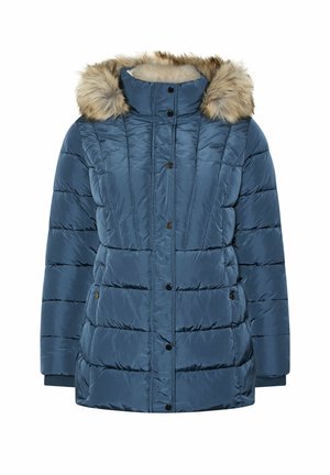 Cappotto imbottito in morbido tessuto blu intenso, con cappuccio bordato in pelliccia sintetica, bottoni a scatto in metallo e un design trapuntato con cuciture orizzontali.