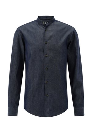 Dunkelblaues langärmeliges Jeanshemd mit Stehkragen und schwarzen Knöpfen vorne.
