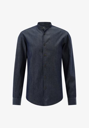 Dunkelblaues langärmeliges Jeanshemd mit Stehkragen und schwarzen Knöpfen vorne.