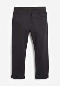Schwarze Baumwollmischungshose mit einem verkürzten Schnitt, ausgestattet mit einem gerippten Bund, umgeschlagenen Säumen und einer Gesäßtasche mit dezentem Nahtdetail.