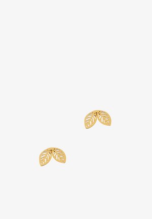 Pair of gold leaf-shaped earrings with cut-out details on a white background.