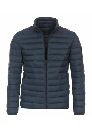 Navy puffer jacket featuring a stand-up collar, quilted design, full front zipper, and zippered side pockets. Smooth, insulated material.
