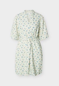 Κρεμ φόρεμα με κοντά μανίκια, μπλε floral σχέδιο, κουμπιά στο μπροστινό μέρος, V-λαιμόκοψη, ραμμένες πιέτες στους ώμους και ζώνη δέσιμο στη μέση.