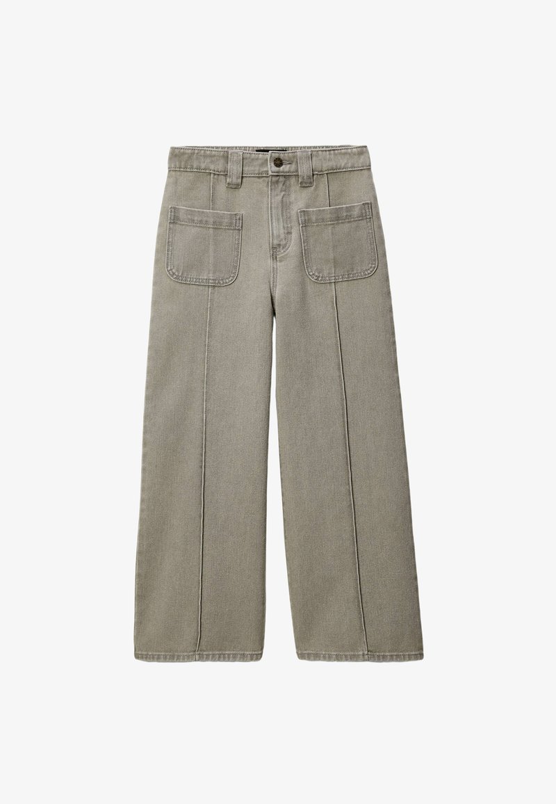 Pantalons à jambe large en denim gris clair, dotés d'une taille haute, de deux poches plaquées à l'arrière et de coutures contrastées le long des coutures.