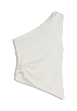 Asymmetrisches weißes Oberteil aus glattem Stoff, mit einem schulterfreien Design und gerafftem Detail mit silbernen Akzenten auf einer Seite.