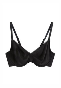 Sort underwire-bh lavet af glat stof, med justerbare stropper og delikat blondedekoration langs den øverste kant.