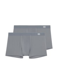 Grau Boxershorts aus glattem Stoff, mit einem weichen Bund und dezentem Logo-Detail. Zwei Stücke flach präsentiert, ohne Muster.