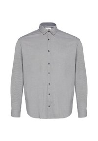 Grijze langemouwen overhemd met knoopsluiting en een houndstooth-patroon. Heeft een klassieke kraag en donkere knopen aan de voorkant. Zachte textuur.