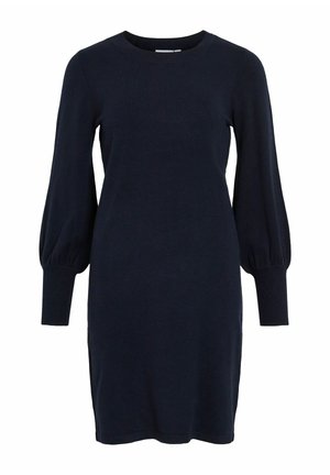Námornícky modré šaty vo forme svetra s dlhými puff rukávmi, okrúhlym výstrihom a rebrovanými manžetami. Mäkka tkanina s hladkou štruktúrou, dĺžka po kolená.