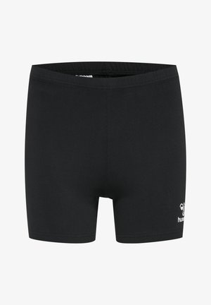 Zwarte sportshorts van zacht materiaal, met een brede elastische tailleband en een klein wit logo aan de onderzijde aan de rechterkant.