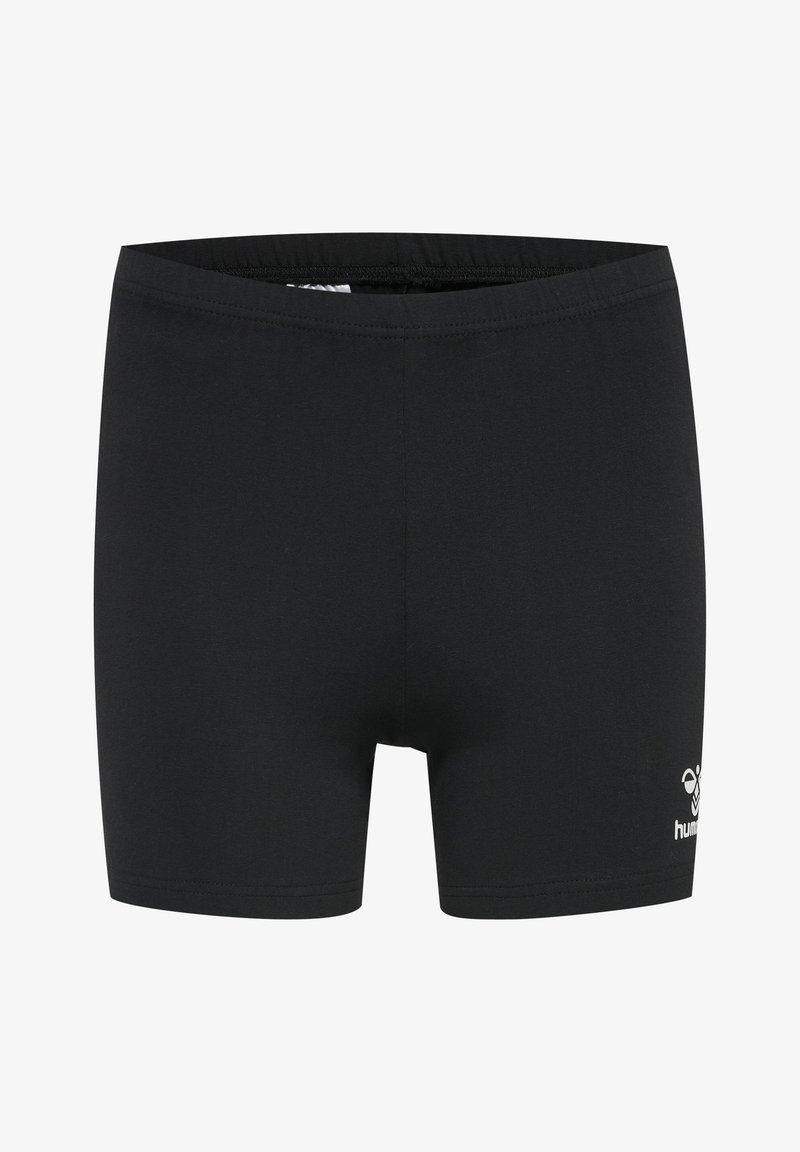 Svarta sportshorts i mjukt tyg, med en bred elastisk midja och en liten vit logotyp på nedre högra sidan.