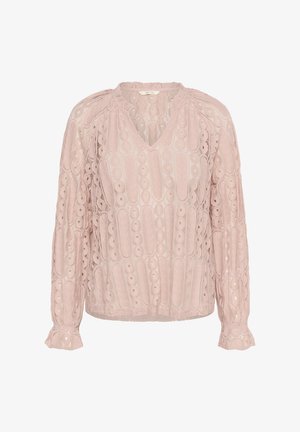 Gaiši rozā garām piedurknēm blūze ar V-veida kakla izgriezumu. Iespējamās teksturētas mežģīnes ar apaļiem izgriezumiem un frillēm piedurknēm. Viegls, brīvs griezums.