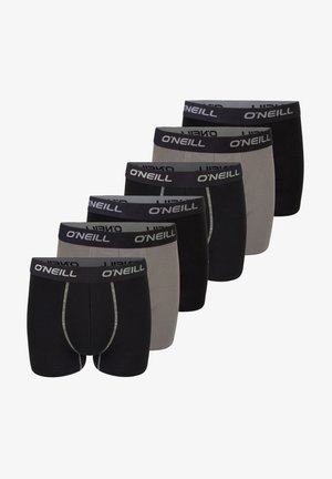 Sechs Paar O'Neill Boxershorts in abwechselndem Schwarz und Grau, in einer versetzten Reihe mit markierten elastischen Taillenbändern dargestellt.