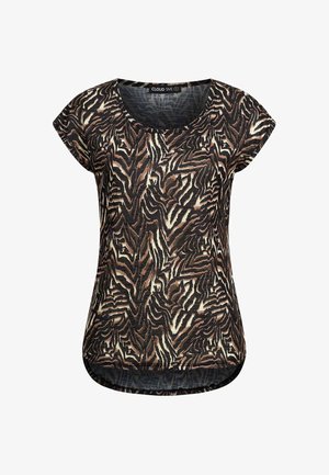 Haut femme à manches courtes avec encolure ronde, motif animal abstrait marron, noir et beige, ourlet incurvé en bas.