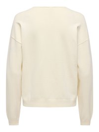 Pull à manches longues de couleur crème avec col rond, poignets et ourlet côtelés, présenté de dos sur un fond blanc uni.