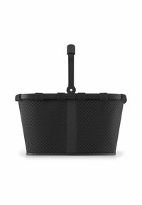 Schwarzer Mesh-Einkaufskorb mit rechteckiger Form, ausgestattet mit einem stabilen Griff und Akzentgurten an den Seiten, konzipiert für Langlebigkeit und Flexibilität.