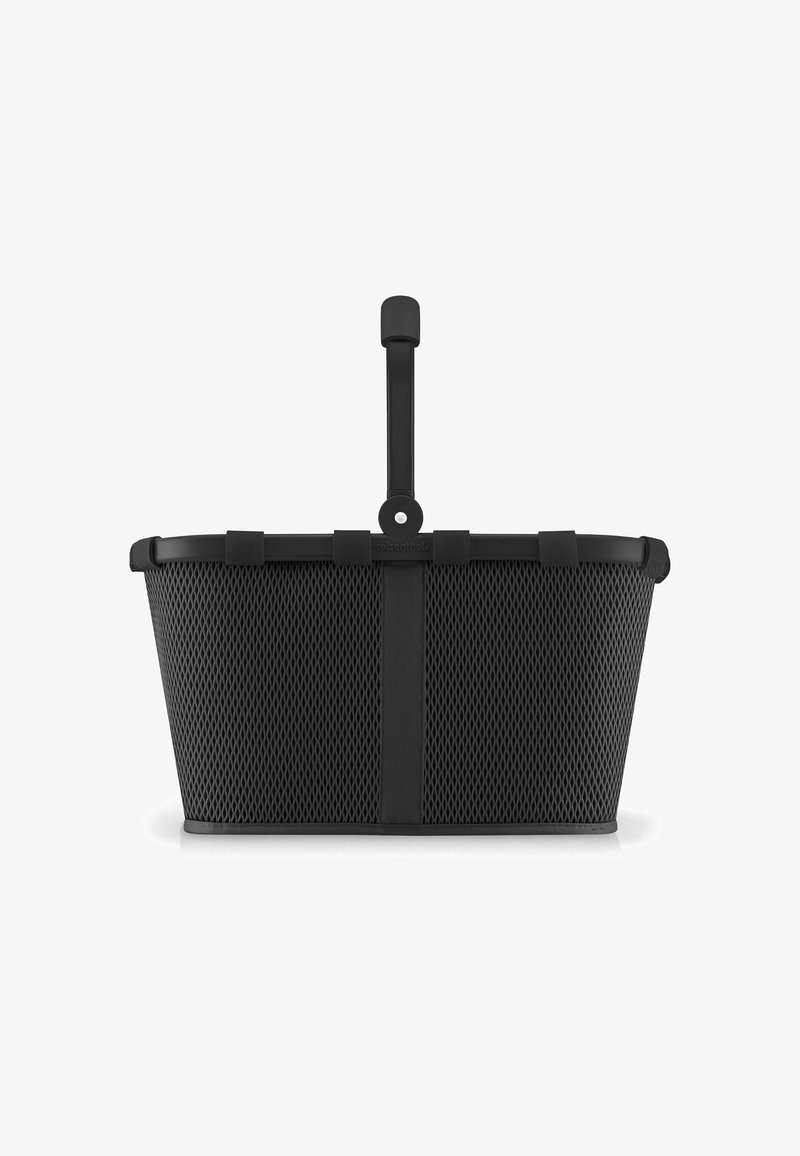 Schwarzer Mesh-Einkaufskorb mit rechteckiger Form, ausgestattet mit einem stabilen Griff und Akzentgurten an den Seiten, konzipiert für Langlebigkeit und Flexibilität.
