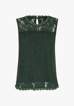 Top sin mangas verde de encaje con cuello y dobladillo ondulados. Cuenta con una abertura en la espalda en forma de llave y un intrincado patrón de encaje floral. Textura ligera.