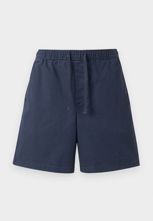 Κοντά σορτς σε ναυτικό μπλε με ελαστική μέση και μπροστινό κορδόνι, με πλαϊνές τσέπες και ίσια τελειώματα.